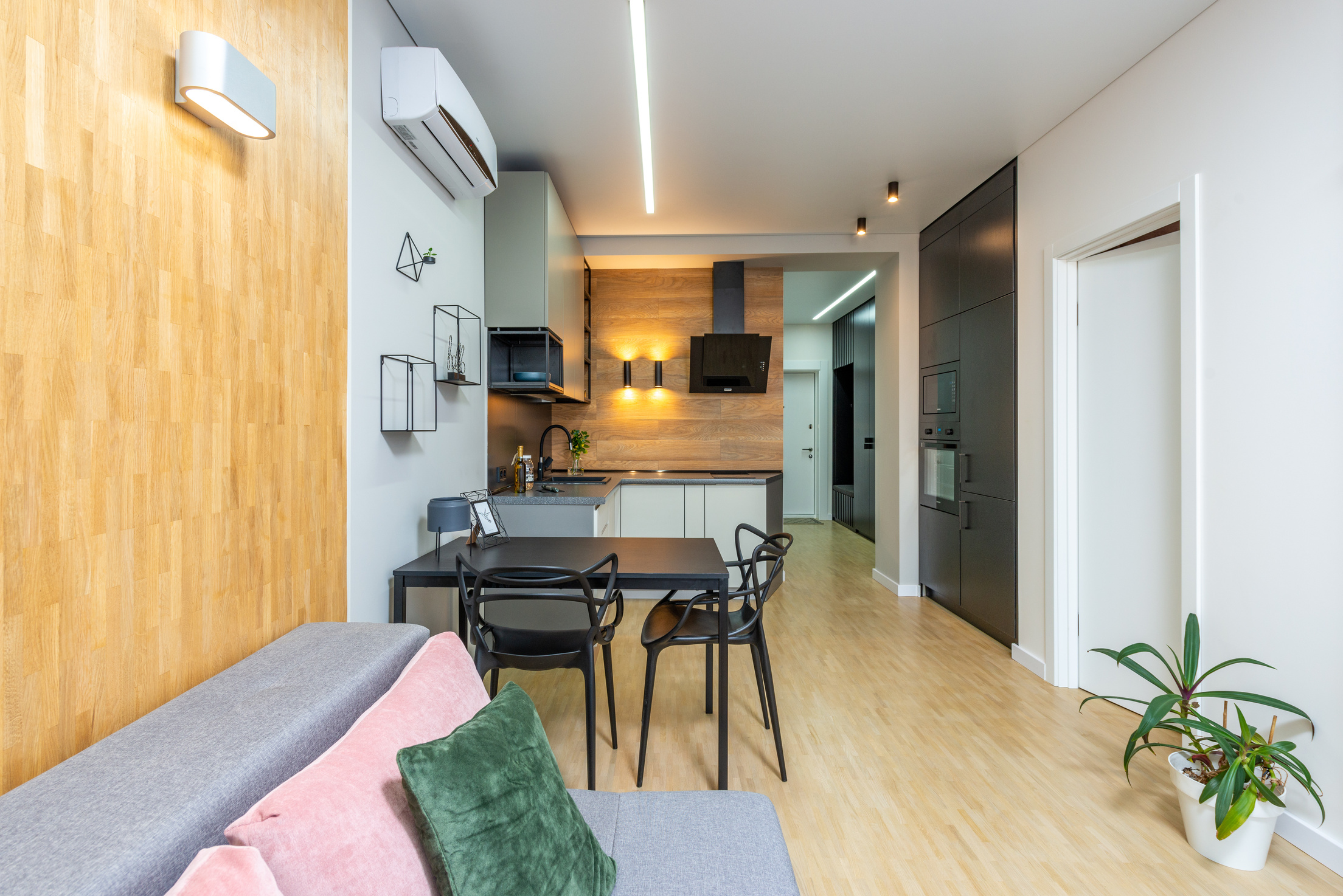 Modern apartment with kitchen and couch